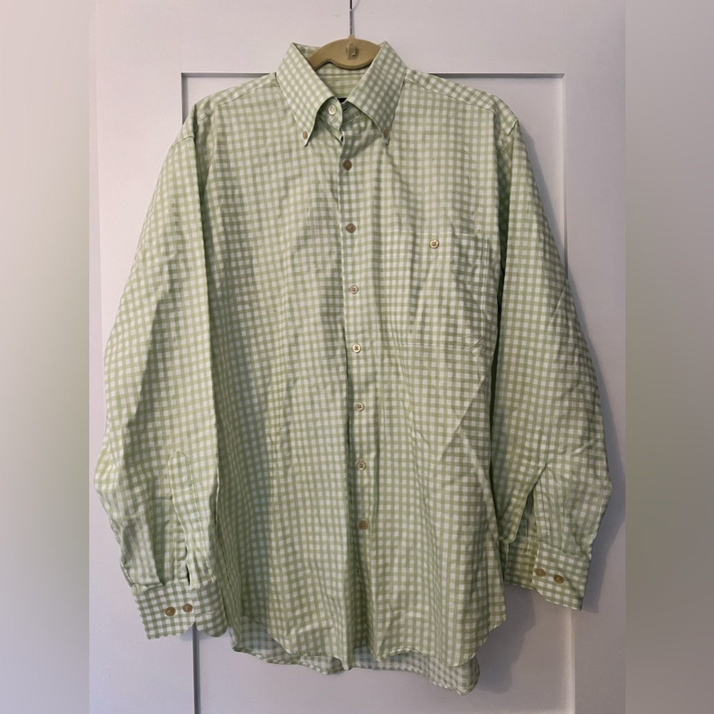 Scott Barber, green and white gingham dress shirt, size M (men’s)